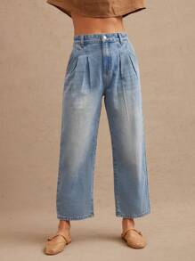 WESTFADE High Rise Pleated Front Cropped Wide Leg Cotton Blend Denim Western Cowgirl Rodeo Jeans Summer Nashville Rodeo - Light Wash - View 1