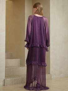 SHEIN Unity Vestido casual suelto de mujer de estilo vacacional, de gasa morada, de manga larga con cuello en V, con volantes y cintura con lazo - Morado - Ver 4