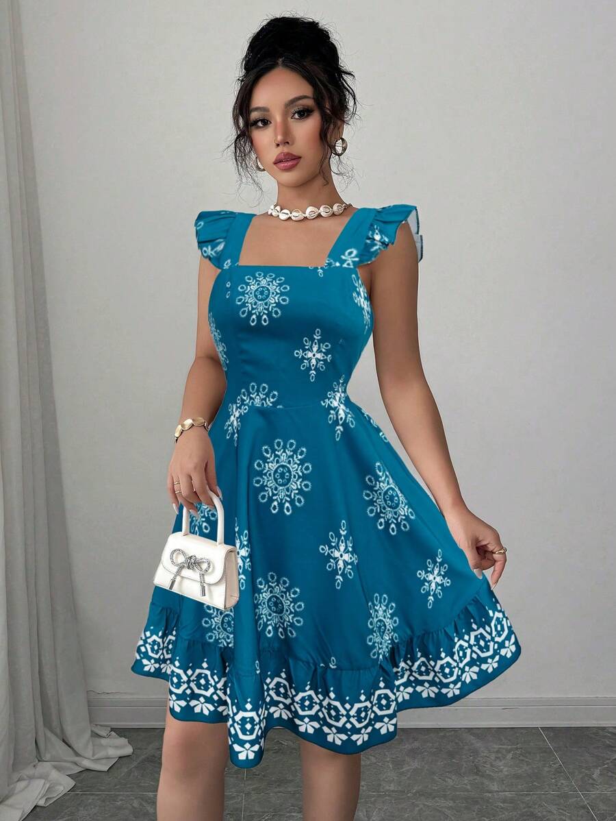 Elenzga Vestido casual y para vacaciones con estampado, diseño de espalda ajustada, cordones, mangas cortas y falda mini - Agua verde azul - Ver 1
