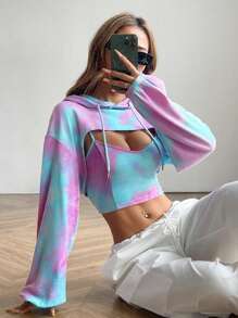 SHEIN EZwear Conjunto de top corto con tirantes finos y sudadera con capucha de manga larga para mujeres, atuendos para graduación, regreso a la escuela, atuendos para maestras, regreso a la escuela en otoño/invierno - Morado - Ver 3