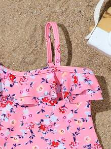 1pc Girls' Adjustable Shoulder Strap Ditsy Floral Ruffled Trim One-Piece Swimsuit - Multicolor - View 6