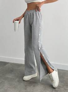 EURMUSE Cotton Wide Leg Side Detailed Sweatpant Linen - Light Grey - View 3