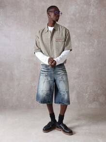 SUMWON 宽松牛仔百慕大短裤设计师破洞木匠夏季复古长款牛仔短裤弹力抽绳宽松膝盖以下滑板短裤 - 藍色 - 查看 3