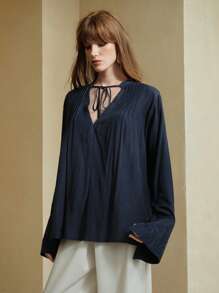 Arave Damen lässige V-Ausschnitt Schleife Vorne Bluse mit Strass verziert an den Ärmeln und Schlitz, elegant für Frühling/Sommer Pendeln