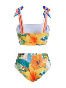 Swim Oasis 女士热带植物印花坦基尼比基尼套装，带结饰和配套纱笼裙