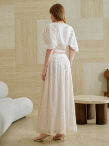 SHEIN LUNE 女士夏季优雅雪纺荷叶边亮片波点泡泡袖上衣和高腰中长裙两件套，海岛度假装，女士夏季装，女士两件套