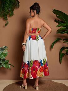 Flirla Vestido largo sin mangas con escote tubo, estampado floral y calado, para vacaciones, talla grande - Multicolor - Ver 2