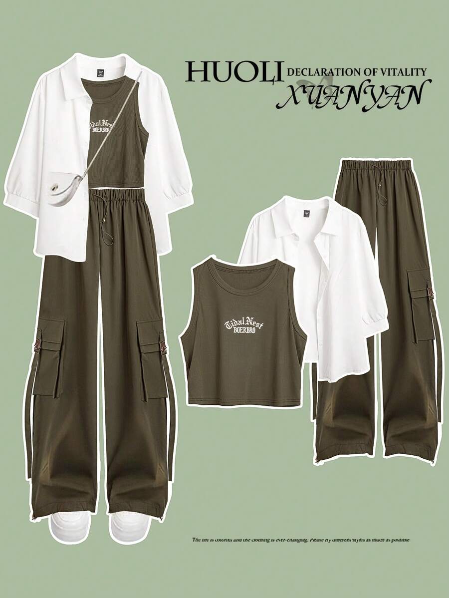 Flirla Plus Size 3 Pieces Set: Casual Shirt + Letter Print Tank Top + Drawstring Cargo Pants - Multicolor - View 1