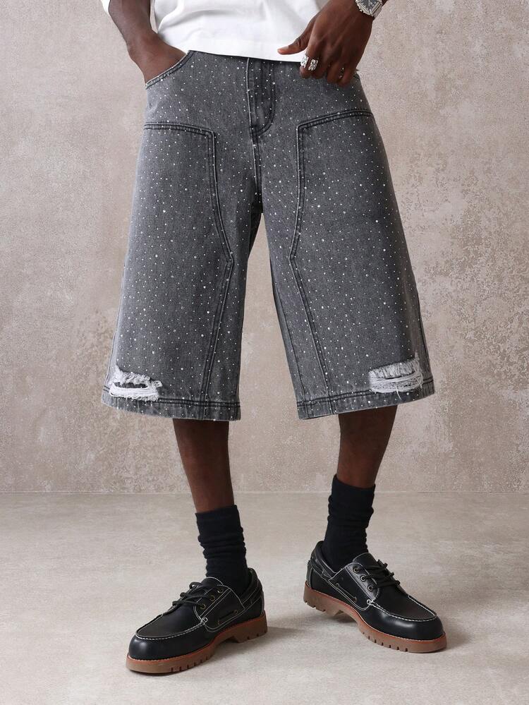 SUMWON Wide Leg Carpenter Denim Knee Length Jorts Distressed Sparkle Pattern Festival Shorts Street Style Baggy Loose Fit Summer Spring