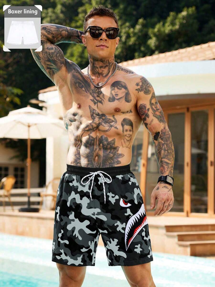 Manfinity Swimmode Men's Casual Camo Print Beach Shorts, Summer, Hawaiian - Multicolor - View 1