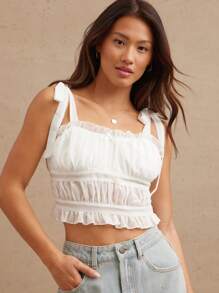 WESTFADE 雪纺荷叶边细肩带可爱蝴蝶结肩带褶饰蝴蝶结后背短款背心夏季海滩度假休闲可爱 - 白色 - 查看 1