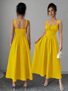 Rafferiza 女士黄色纯色度假沙滩休闲连衣裙生日毕业装奶油黄色荷叶边前系带蝴蝶结可爱优雅吊带后背不对称腰部修身A字下摆2025夏季新款长裙 - 黃色 - 查看 2