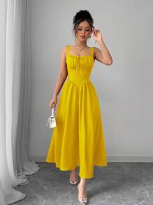 Rafferiza 女士黄色纯色度假沙滩休闲连衣裙生日毕业装奶油黄色荷叶边前系带蝴蝶结可爱优雅吊带后背不对称腰部修身A字下摆2025夏季新款长裙 - 黃色 - 查看 5