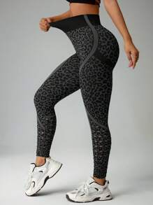 SHEIN Sport Studio 1pc Women Leopard Print Mesh Workout Ankle Leggings