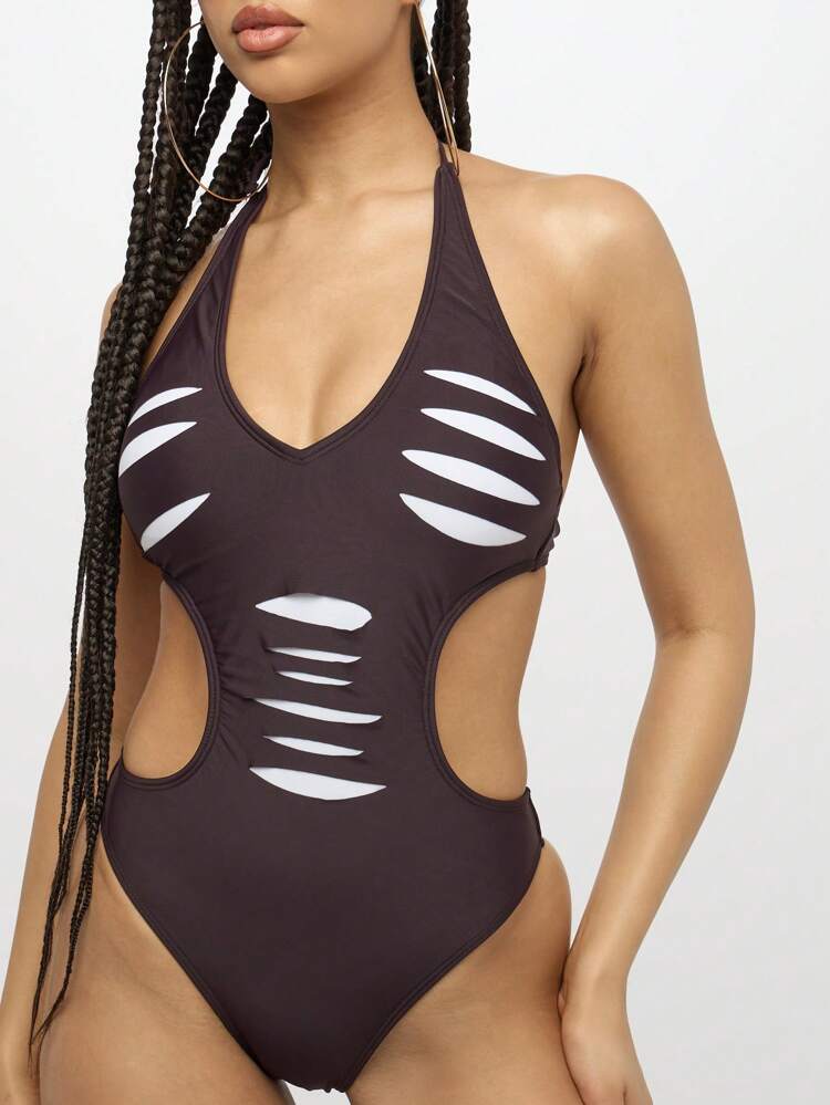 SUMWON WOMEN Distressed Cut Out Halter Neck One Piece Bathing Suit