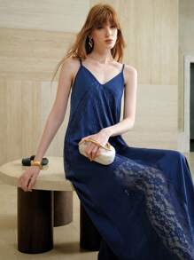 EMERY ROSE Váy maxi chữ A họa tiết ren satin dành cho nữ, váy suông, trang phục đi nghỉ dành cho nữ, váy sinh nhật dành cho nữ, váy dự tiệc cưới dành cho nữ - Màu xanh hải quân - Xem 6