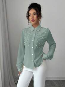 Elenzga 女士杏色珍珠缀饰长袖衬衫 - 綠色 - 查看 5