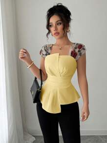 Elenzga 女式高腰不对称网眼刺绣荷叶边上衣