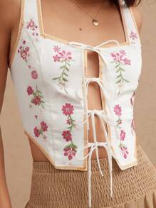 WESTFADE Top asimmetrico a costine Country Western estivo, con ricamo floreale, 100% cotone, scollo quadrato, fiocco frontale e retro basso, adatto per la primavera in vacanza
