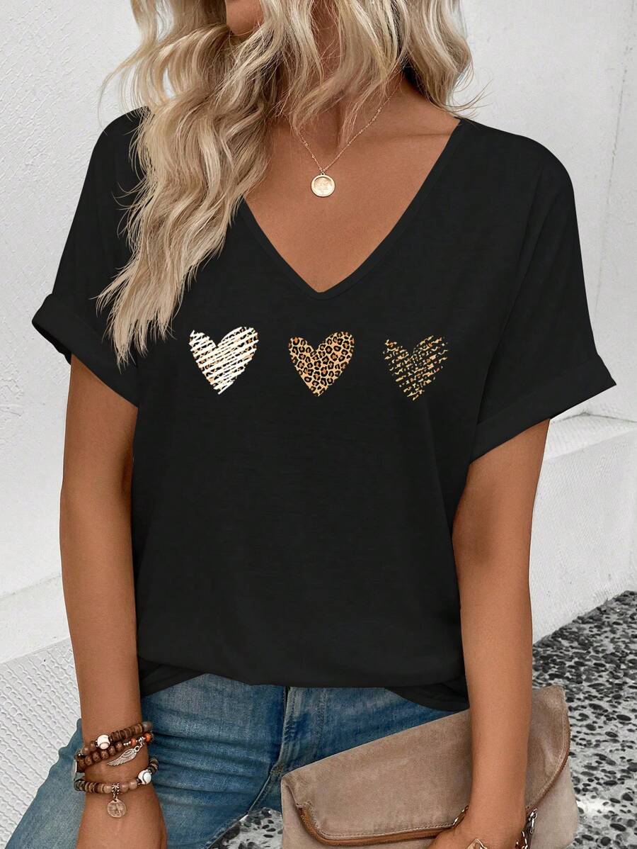 INAWLY 全新女式时尚休闲心形豹纹印花 V 领宽松短袖 T 恤 - 黑色 - 查看 1