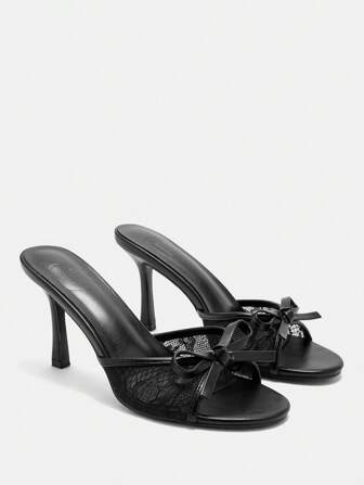 CUCCOO CURVES Women's Black Lace 3.5 Inch High Heel Comfort Fashion Mule Plus Size Sandals