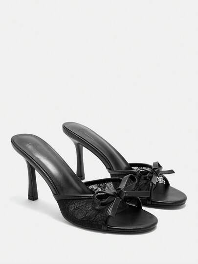 CUCCOO CURVES Svarta spetssandaler med hög klack och komfort i plusstorlek för kvinnor, 3,5 tum