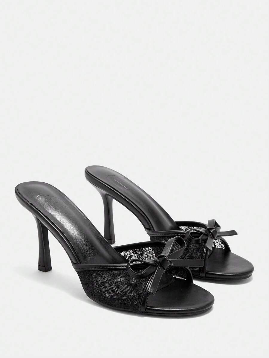 CUCCOO CURVES Women's Black Lace 3.5 Inch High Heel Comfort Fashion Mule Plus Size Sandals For Christmas