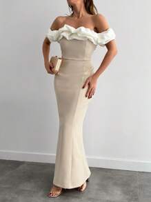 EURMUSE Two Tones Off Shoulder Ruffle Trim Bodycon Dress, Elegant Dress Gown Party White Summer - Beige - View 5