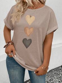 INAWLY Women's Casual Crew Neck Short Sleeve Turnover Cuff Ombre Heart Print Plus Size T-Shirt, Best Selling