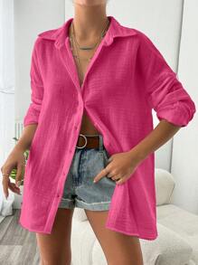 SHEIN Cottnline Shirt With Plain Drop Shoulder Button At Front - Pink - View 4