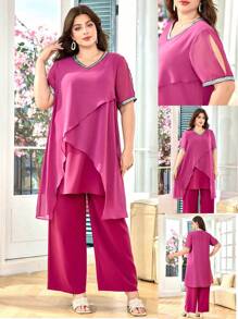 Lacomfia Plus Size Solid Color Short Sleeve Top And Long Pants Two Pieces Set, Casual Summer Outfit - Red Violet - View 1