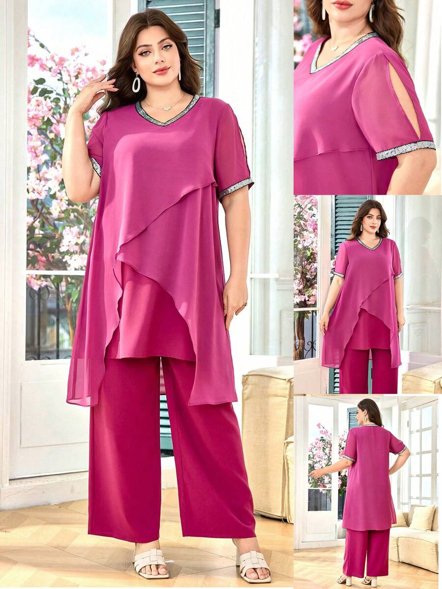 Lacomfia Plus Size Solid Color Short Sleeve Top And Long Pants Two Pieces Set, Casual Summer Outfit - Red Violet - View 1