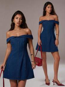 Avantive Summer Women Navy Blue Autumn Casual Date Off Shoulder Mini Denim Dress,Elegant Sleeveless A Line Bodycon Birthday Wedding Guest Cocktail Outfits - Blue - View 6