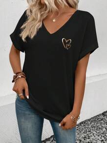 SHEIN New Women Fashion Heart Metallic Print V-Neck Short Sleeve T-Shirt - Black - View 3
