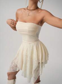 SHEIN ICON 女式露肩荷叶边不对称下摆迷你连衣裙，方领褶饰 - 杏色 - 查看 4