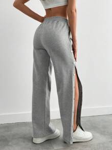 EURMUSE Cotton Wide Leg Side Detailed Sweatpant Linen - Light Grey - View 2