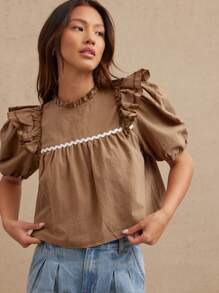 WESTFADE 100% 纯棉立领荷叶边泡泡袖撞色饰边多层娃娃装上衣，适合秋季、秋季、冬季、波西米亚风、休闲风、乡村音乐会风、西部风 - 棕色 - 查看 4