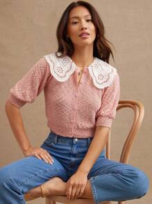 WESTFADE 西部混合材质花卉图案孔眼梭织针织圆领纽扣前短泡泡袖开衫毛衣春夏乡村牛仔女纳什维尔音乐会 - 粉色 - 查看 1