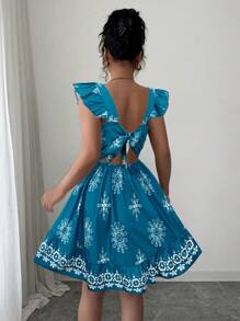 Elenzga Vestido casual y para vacaciones con estampado, diseño de espalda ajustada, cordones, mangas cortas y falda mini - Agua verde azul - Ver 2