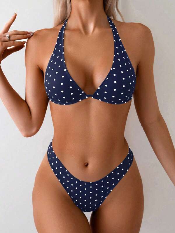 Swim Basics 2pcs Women Polka Dot Printed Split Two Pieces Bikini Set, Casual Holiday Beach Wear For Summer Beach Vacation