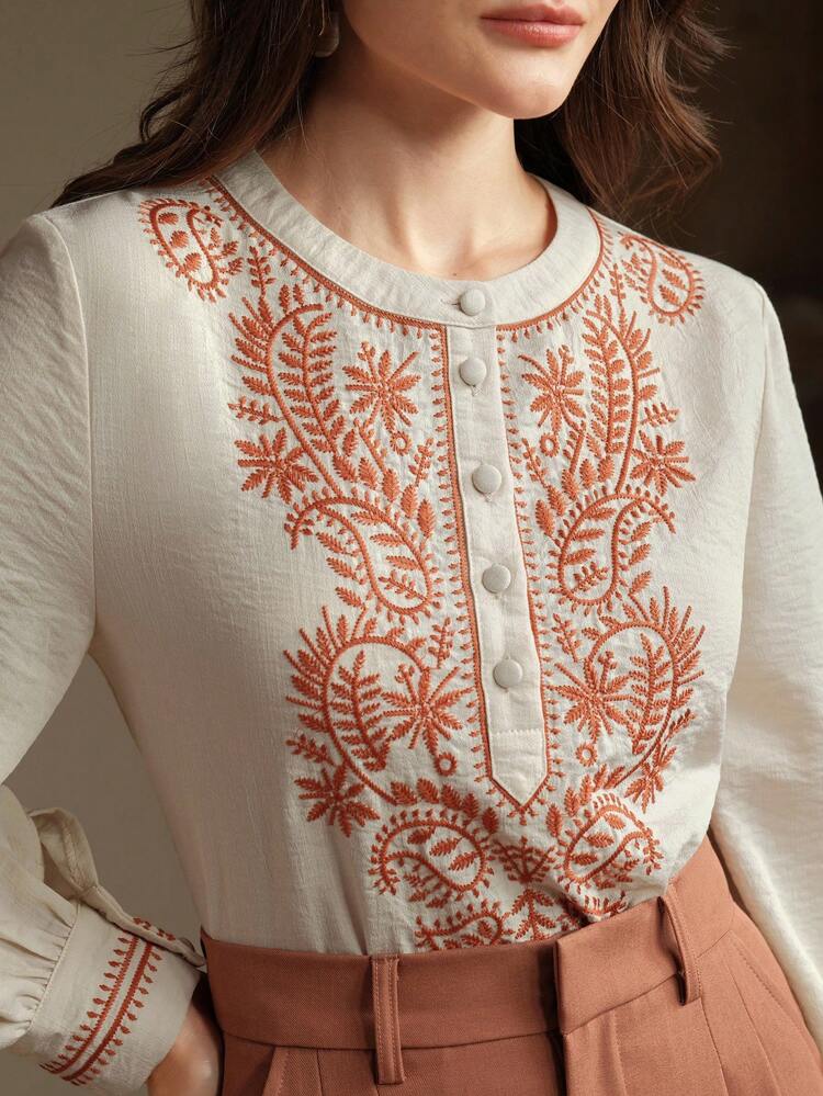 Women's Elegant Loose Fit Embroidered Crew Neck Button Long Sleeve Blouse, Versatile Apricot Color