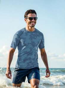 Manfinity Swimmode Men's Summer Vacation Beach Full Print Raglan Sleeve Surfing T-Shirt, Hawaiian - Baby Blue - View 5