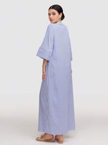 Veilorie 女式条纹纽扣前开长款休闲连衣裙，春秋季节，端庄的长款连衣裙，非常适合海滩/休闲/度假/家居服/返校和日常休闲穿着 - 藍白色 - 查看 2