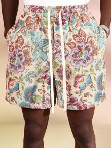 SUMWON Pantalones cortos de verano de ajuste regular con estampado de tapiz, con sensación de lino, relajados con cordón, clásicos y casuales, para playa, resort, uso diurno transpirable