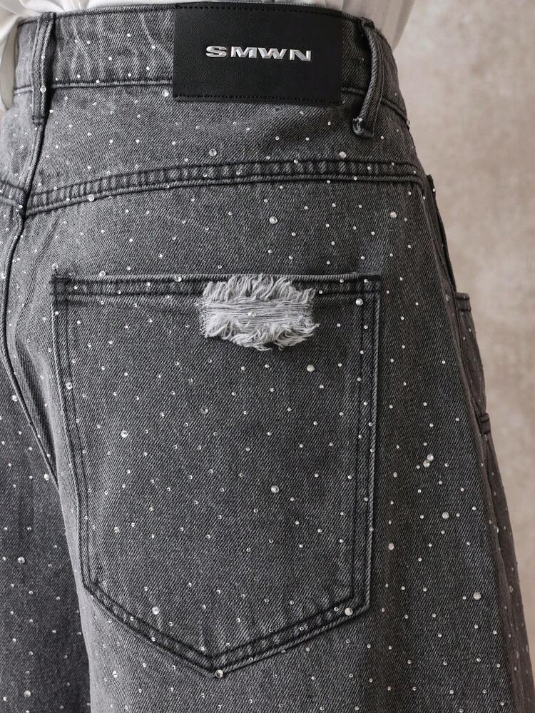 SUMWON Wide Leg Carpenter Denim Knee Length Jorts Distressed Sparkle Pattern Festival Shorts Street Style Baggy Loose Fit Summer Spring
