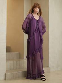 SHEIN Unity Vestido casual suelto de mujer de estilo vacacional, de gasa morada, de manga larga con cuello en V, con volantes y cintura con lazo - Morado - Ver 7