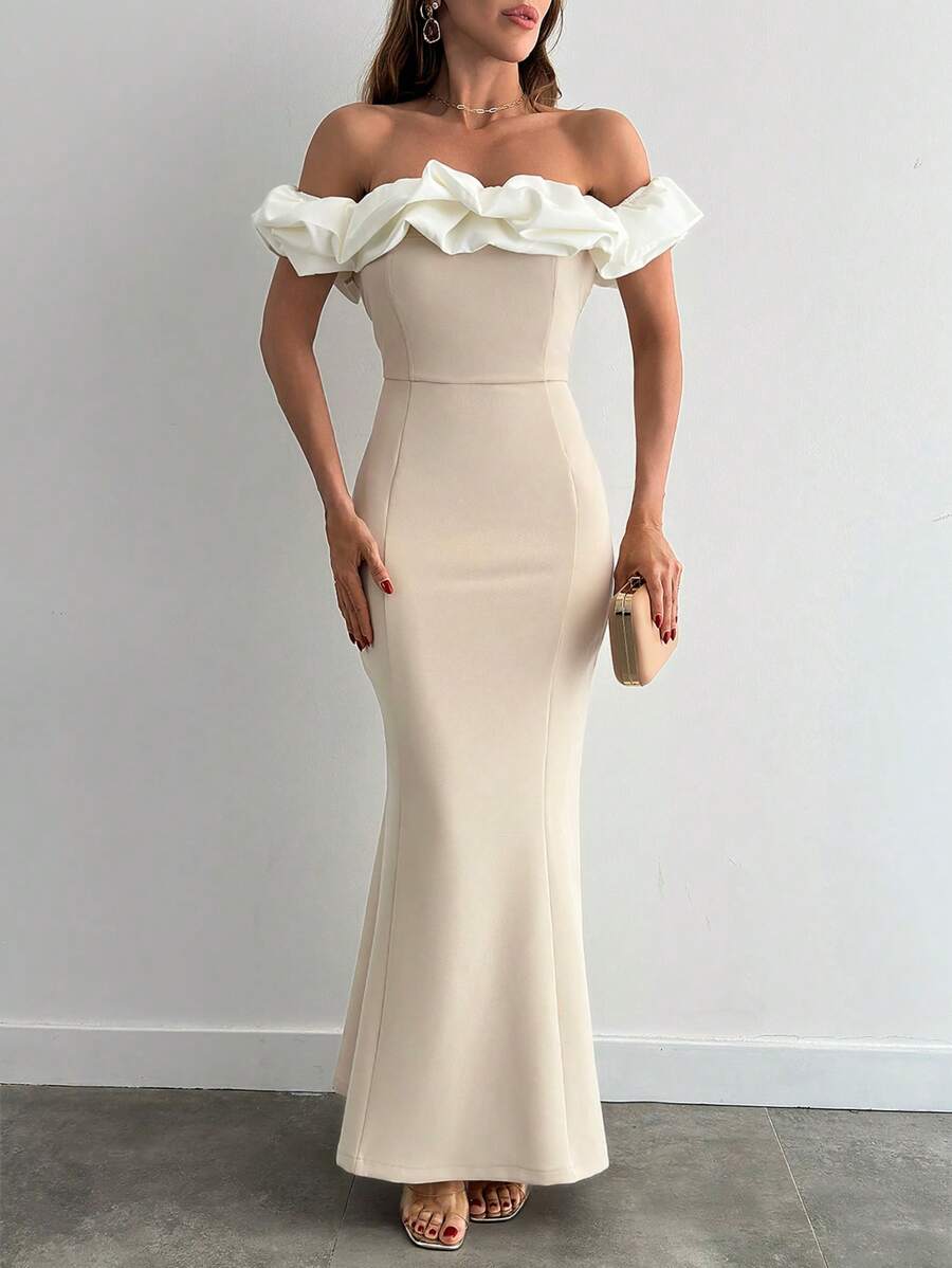 EURMUSE Two Tones Off Shoulder Ruffle Trim Bodycon Dress, Elegant Dress Gown Party White Summer - Beige - View 1