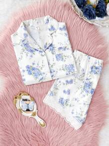 Conjunto de prendas de estar en casa de 2 piezas para adolescentes, con un cárdigan de manga corta con estampado floral francés y ribete de encaje y pantalones cortos, de estilo lujoso y cómodo - Blanco - Ver 7