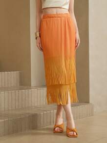Arave Women's Elegant High-End Ombre Dye Casual Pleated Double Layer Vintage Tassel Yellow Skirt For Women Summer, Orange & Yellow Color Fall For Women - Orange - View 4