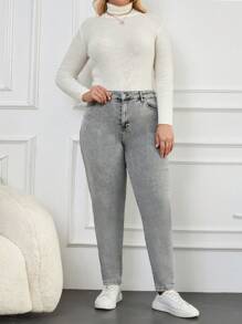 EURMUSE 97% Cotton Plus High Waist Mom Fit Jeans - Grey - View 5